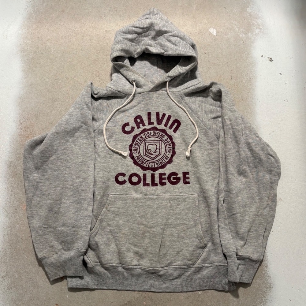 Vintage Champion Calvin College Hoodie Gray Raglan Sweatshirt Small